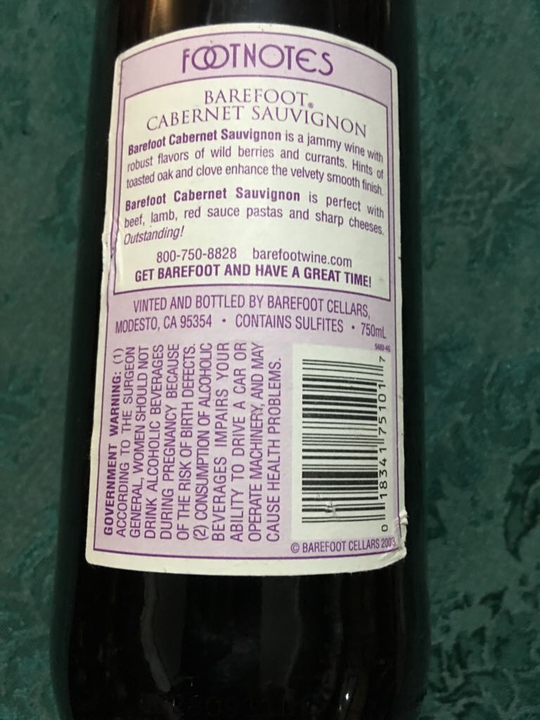 Cabernet Sauvignon - Barefoot (750 mL) alcohol collectible [Barcode 018341751017] - Main Image 2