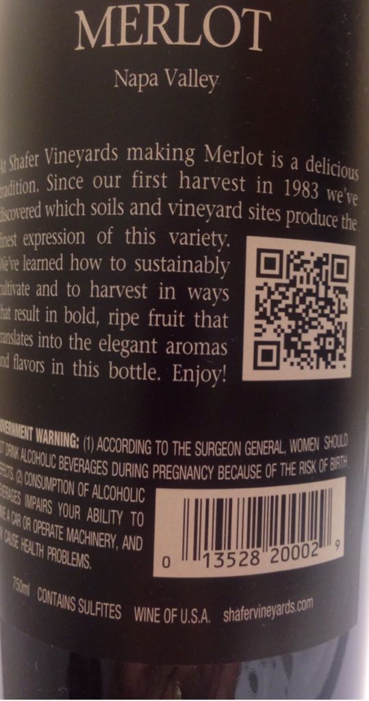 Shafer Merlot - Shafer Vineyards Of Napa Valley (750 mL) alcohol collectible [Barcode 081200005477] - Main Image 2