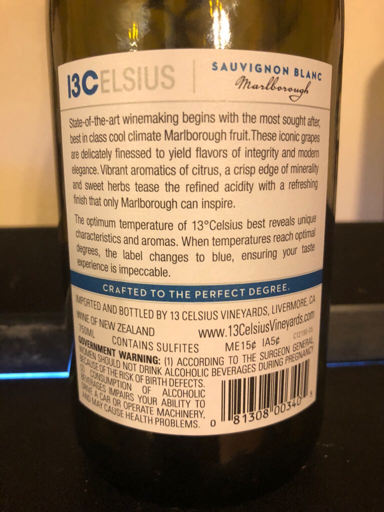 13 Celsius - Marlborough, New Zealand (750 mL) alcohol collectible [Barcode 081308003405] - Main Image 2