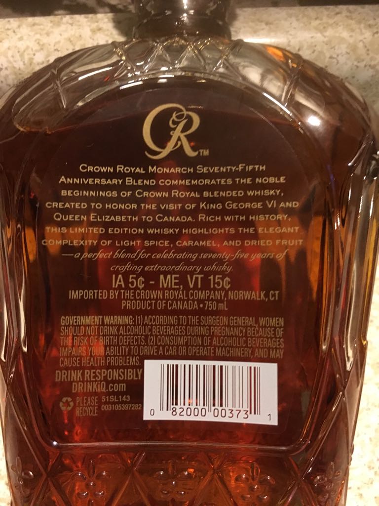 Crown Royal Monarch 75th Anniversary Blend  - Crown Royal Company (750 mL) alcohol collectible [Barcode 082000003731] - Main Image 2