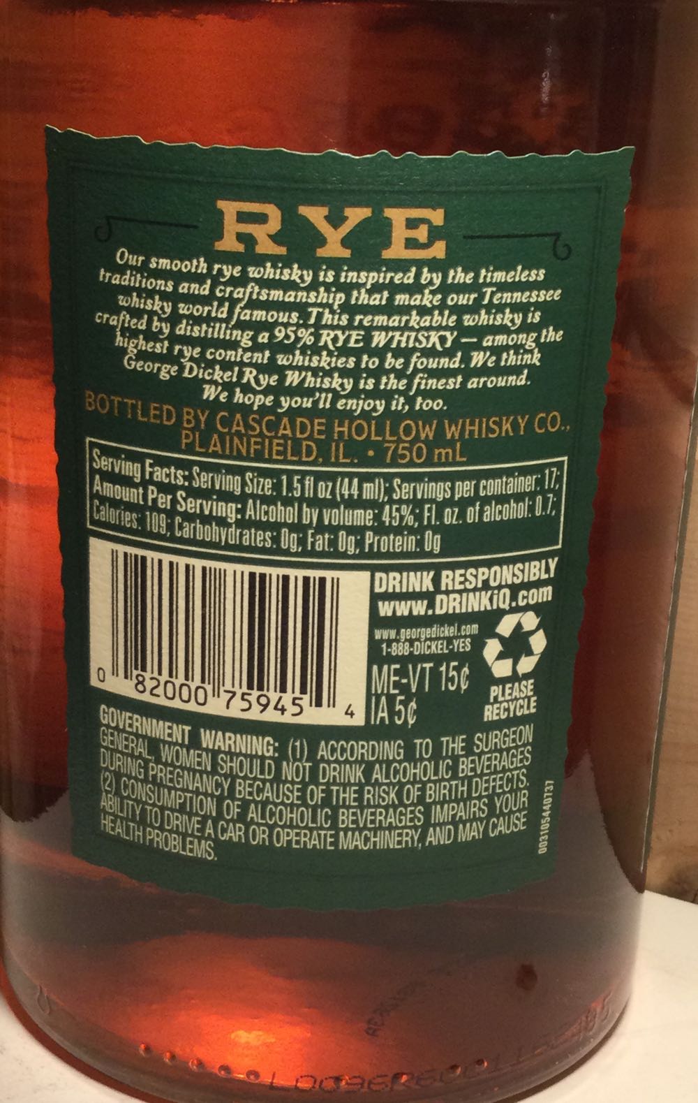 George Dickel Rye - George A Dickel & Co (750mL) alcohol collectible [Barcode 082000759454] - Main Image 2