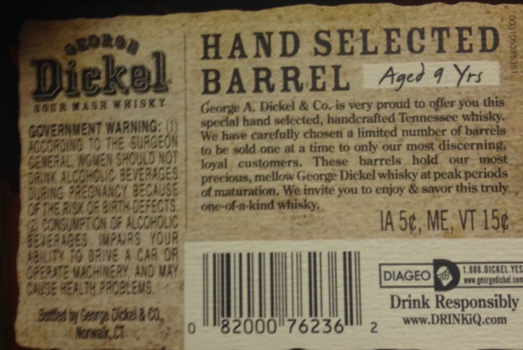 George Dickel Hand Selected Barrel Bourbon 9 Year - George Dickel & Co. (750 mL) alcohol collectible [Barcode 082000762362] - Main Image 2