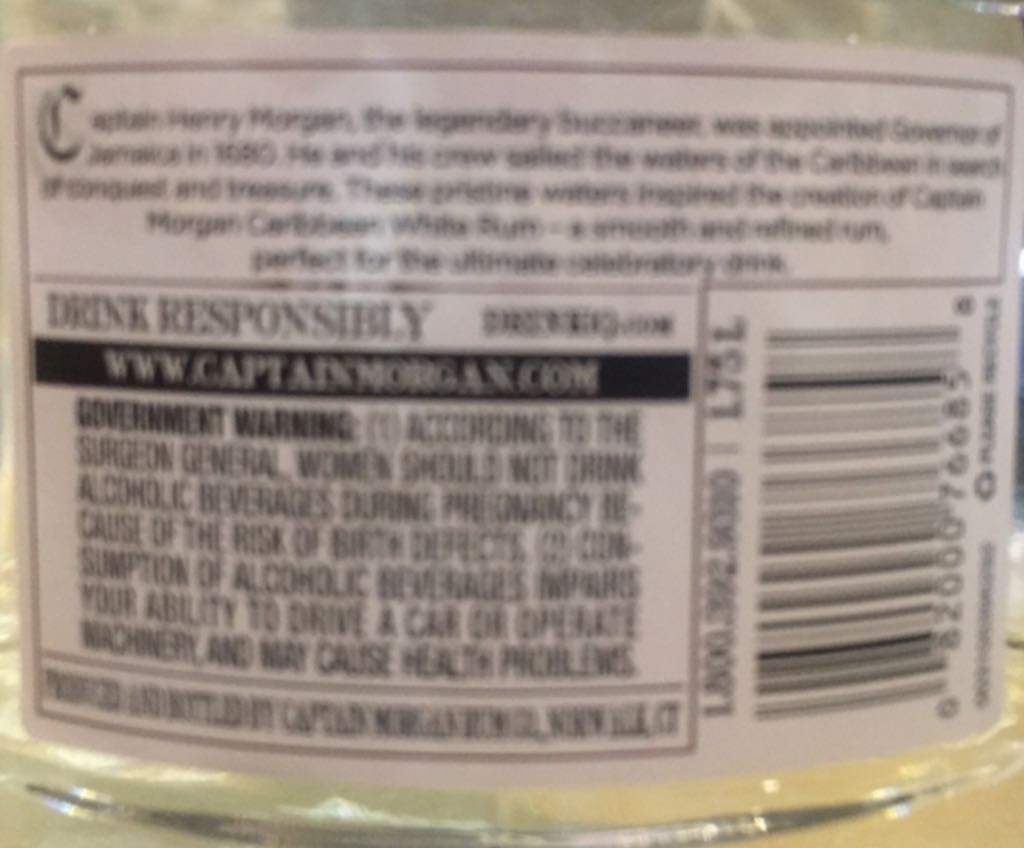 Captain Morgan White Rum - Captain Morgan Rum Co. (1.75 mL) alcohol collectible [Barcode 082000766858] - Main Image 2