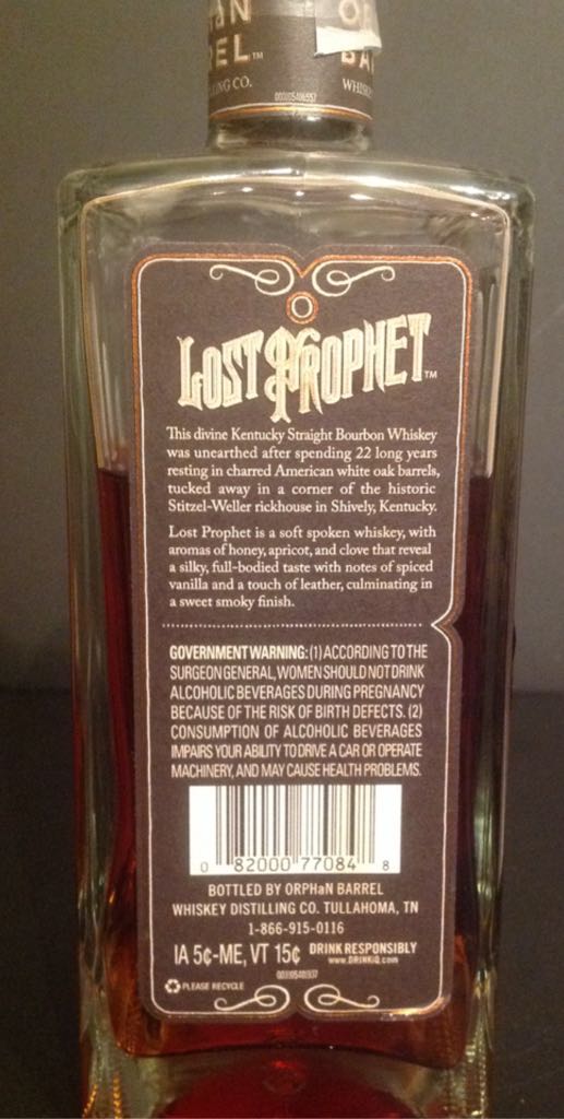 Orphan Barrel Lost Prophet 22 yr - Diageo/Orphan Barrel Whiskey Distilling Co. (750 mL) alcohol collectible [Barcode 082000770848] - Main Image 2