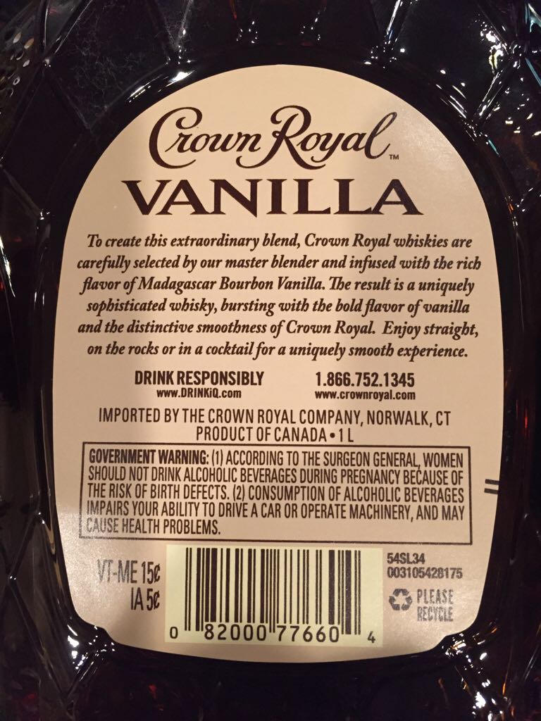 Crown Royal Vanilla - Crown Royal Distilling Co. (1 L) alcohol collectible [Barcode 082000776604] - Main Image 2