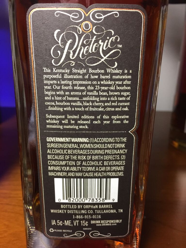 Orphan Barrel Rhetoric 23 Yr - Orphan Barrell Whiskey Distilling Co. (750 mL) alcohol collectible [Barcode 082000783589] - Main Image 2