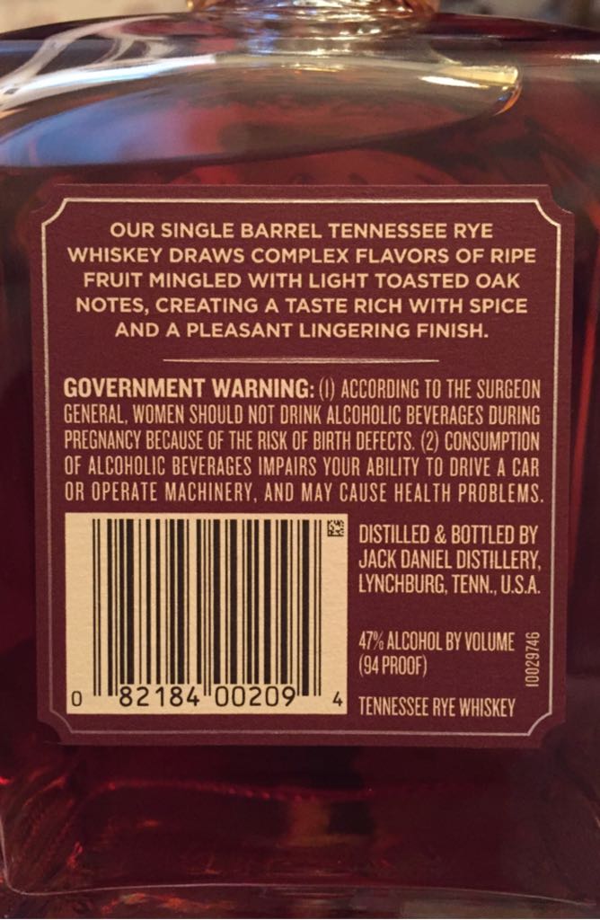 Jack Daniels Single Barrel Rye - Jack Daniel‘s Distillery (750 mL) alcohol collectible [Barcode 082184002094] - Main Image 2