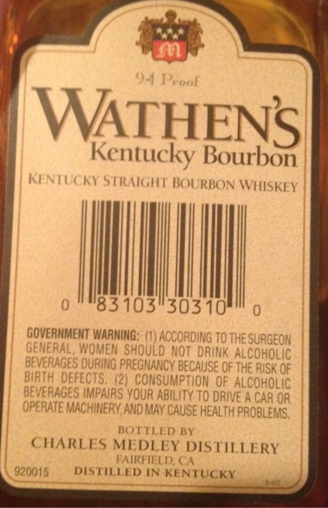 Wathen’s Single Barrel Bourbon TBS - Charles Medley Distillery (750  mL) alcohol collectible [Barcode 083103303100] - Main Image 2