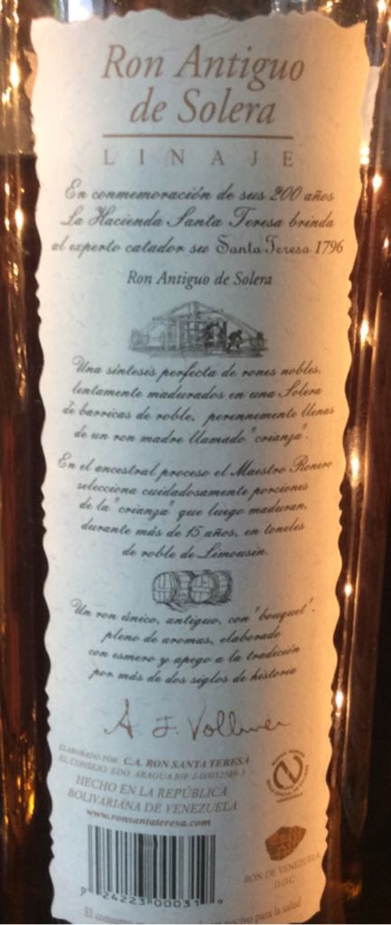 Santa Teresa Rum - C A Ron Santa Teresa (750 mL) alcohol collectible [Barcode 024223000319] - Main Image 2