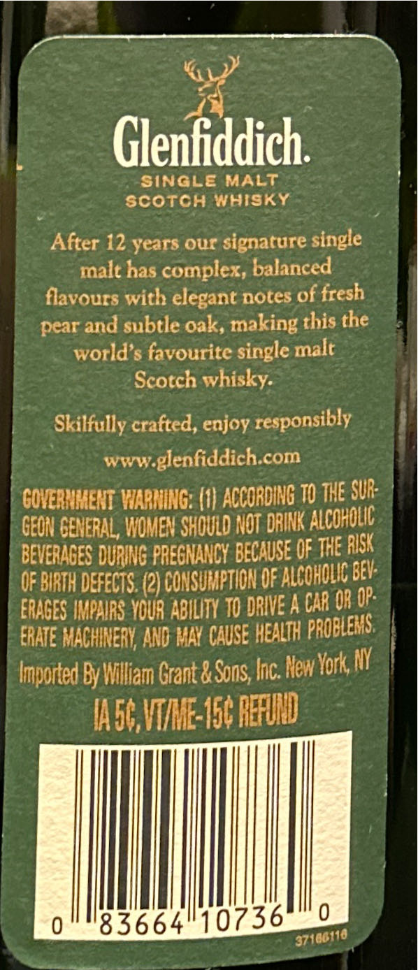 Glenfiddich 12yr - Glenfiddich (750 mL) alcohol collectible [Barcode 083664107360] - Main Image 3