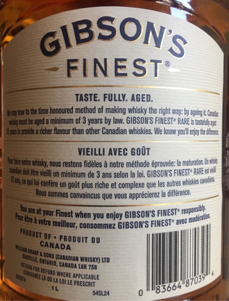 Gibson’s Finest Rare 12 Year Canadian Whisky  - William Grant & Sons (750 mL) alcohol collectible [Barcode 083664870394] - Main Image 2