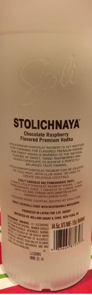 Stoli Chocolate Razberi - Stolichnaya (750 mL) alcohol collectible [Barcode 083664872398] - Main Image 2