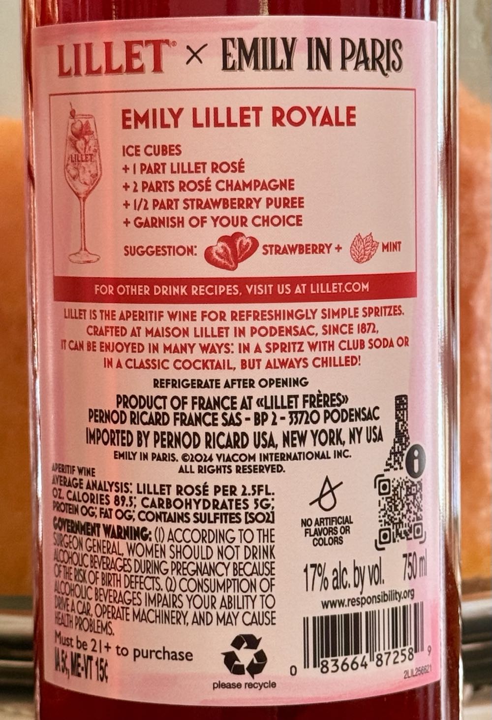 Lillet Rose French Aperitif Wine - Lillet Freres Podensac (750 mL) alcohol collectible [Barcode 083664872589] - Main Image 4