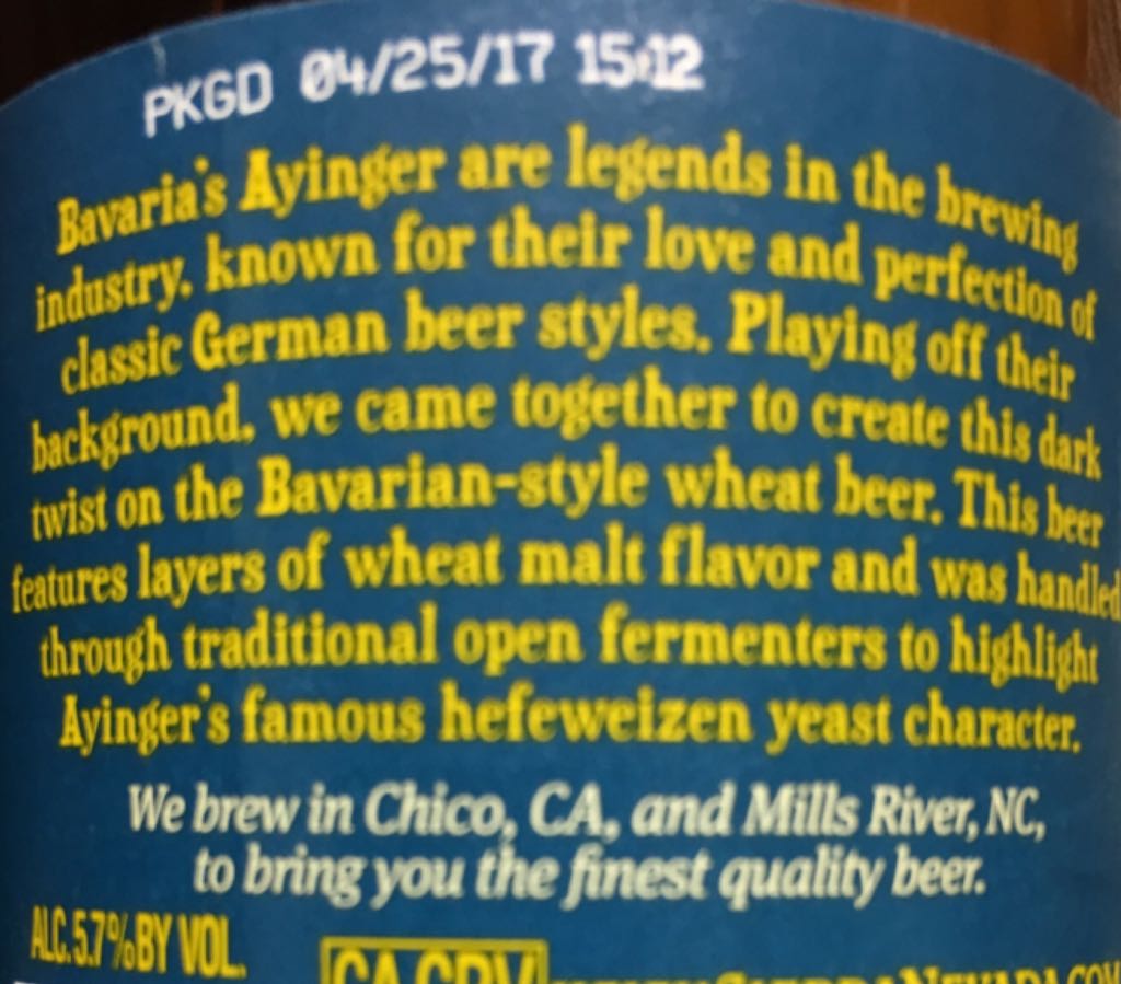 Dunkle Weisse  - Sierra Nevada Brewing Co (12 fl. oz.) alcohol collectible [Barcode 083783150339] - Main Image 2