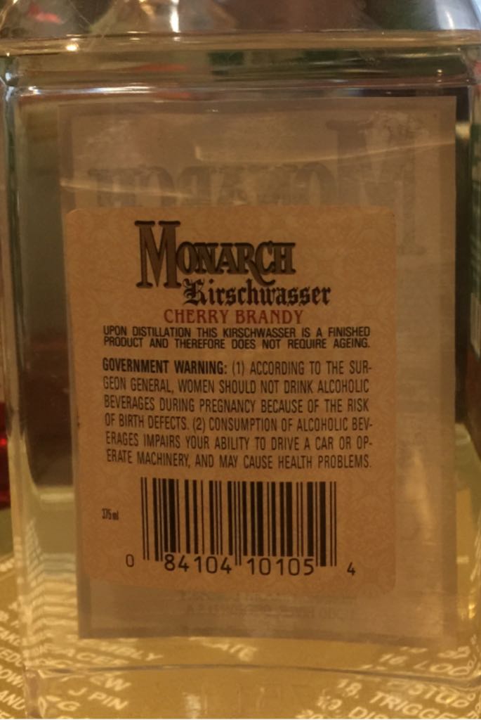 Kirschwasser - Monarch Import Co (375 mL) alcohol collectible [Barcode 084104101054] - Main Image 2