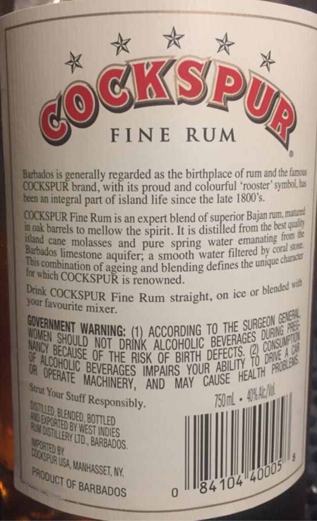Cockspur Fine Rum - West Indies Rum Distillery (750 mL) alcohol collectible [Barcode 084104400058] - Main Image 2