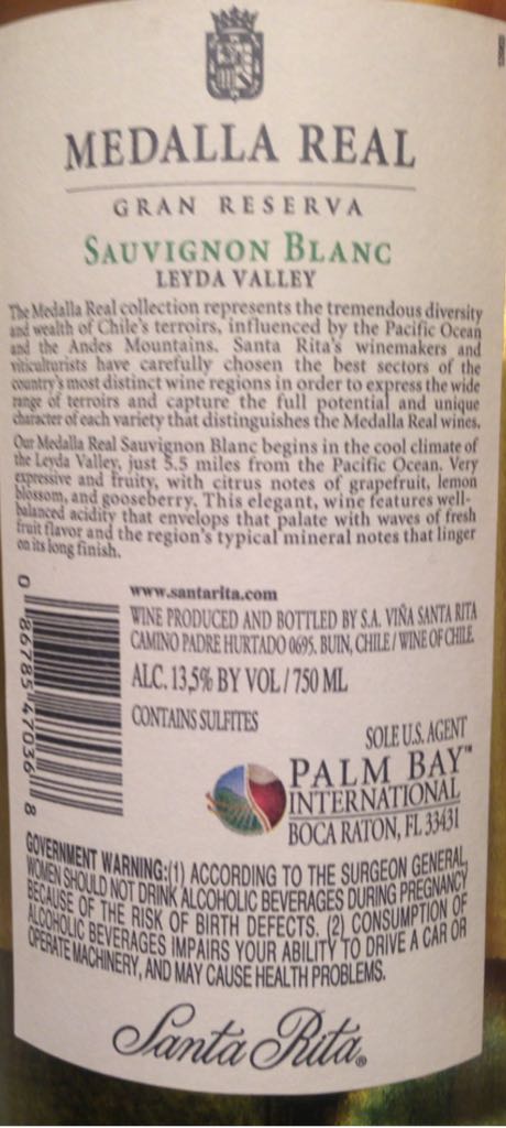 Sauvignon Blanc Medalla Real Grand Reserva  - Santa Rita (750 mL) alcohol collectible [Barcode 026125470368] - Main Image 2