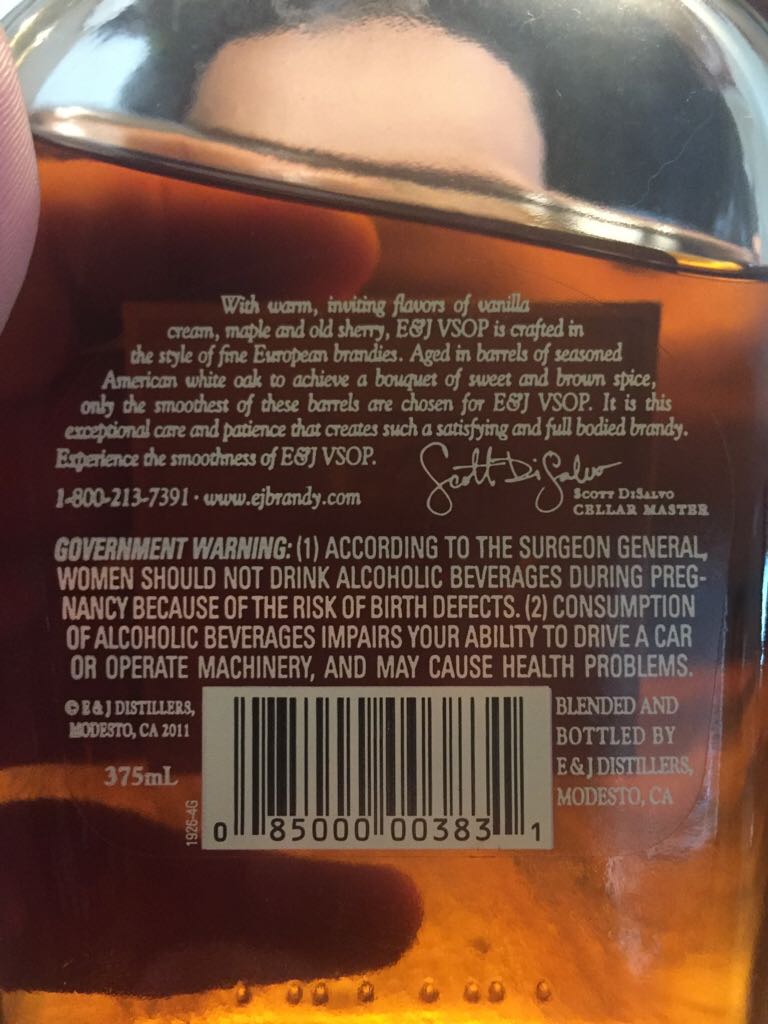 E&J Grand Blue V.S.O.P. 375ML - E&J Distillers (375 mL) alcohol collectible [Barcode 085000003831] - Main Image 2
