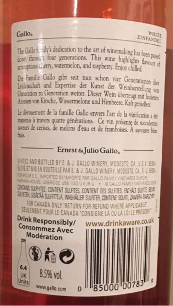 White Zinfandel - E. & J. Gallo Winery (750 mL) alcohol collectible [Barcode 085000007839] - Main Image 2