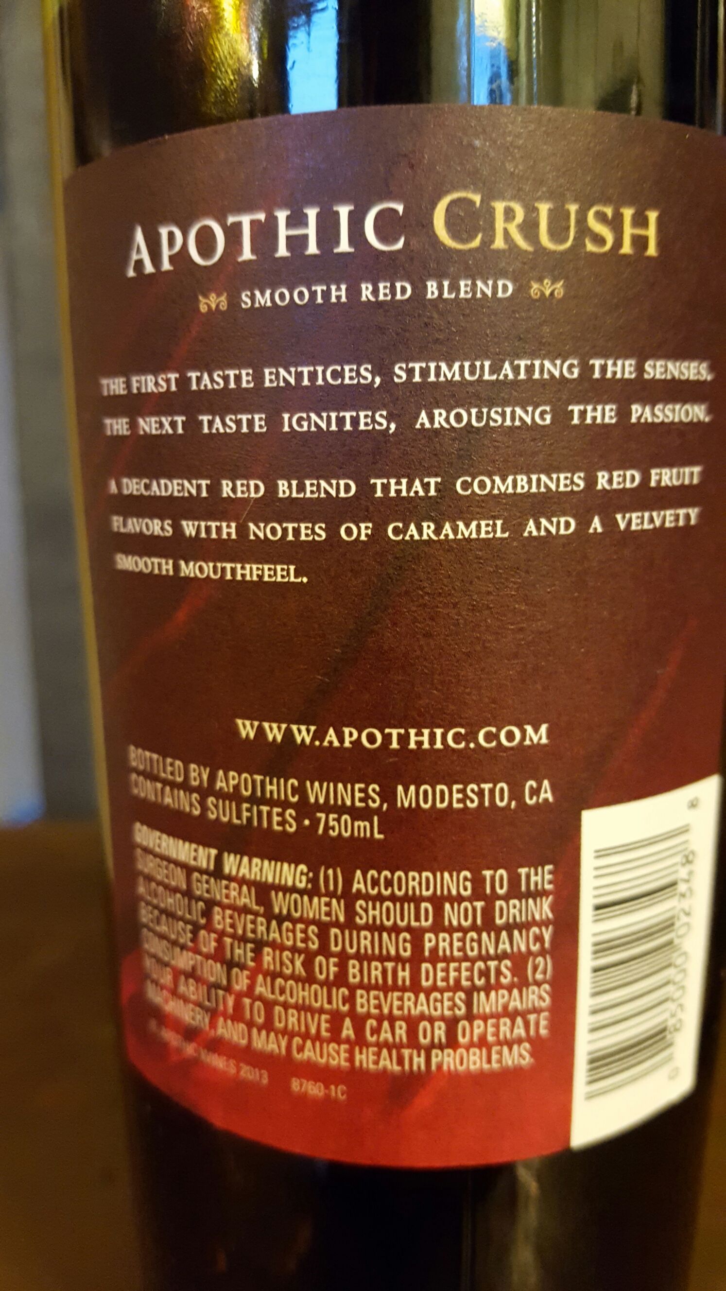 Apothic Crush - Apothic Wines, Modesto, CA (750 mL) alcohol collectible [Barcode 085000023488] - Main Image 2