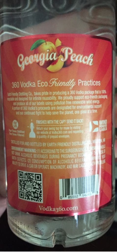 360 Georgia Peach Flavored Vodka - Earth Friendly Distilling Co (50 mL) alcohol collectible [Barcode 085592142451] - Main Image 2