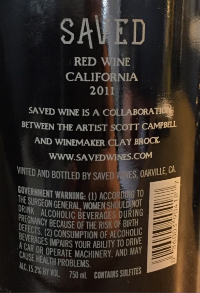 Saved Red Wine - Saved Wines (750 mL) alcohol collectible [Barcode 086003904187] - Main Image 2