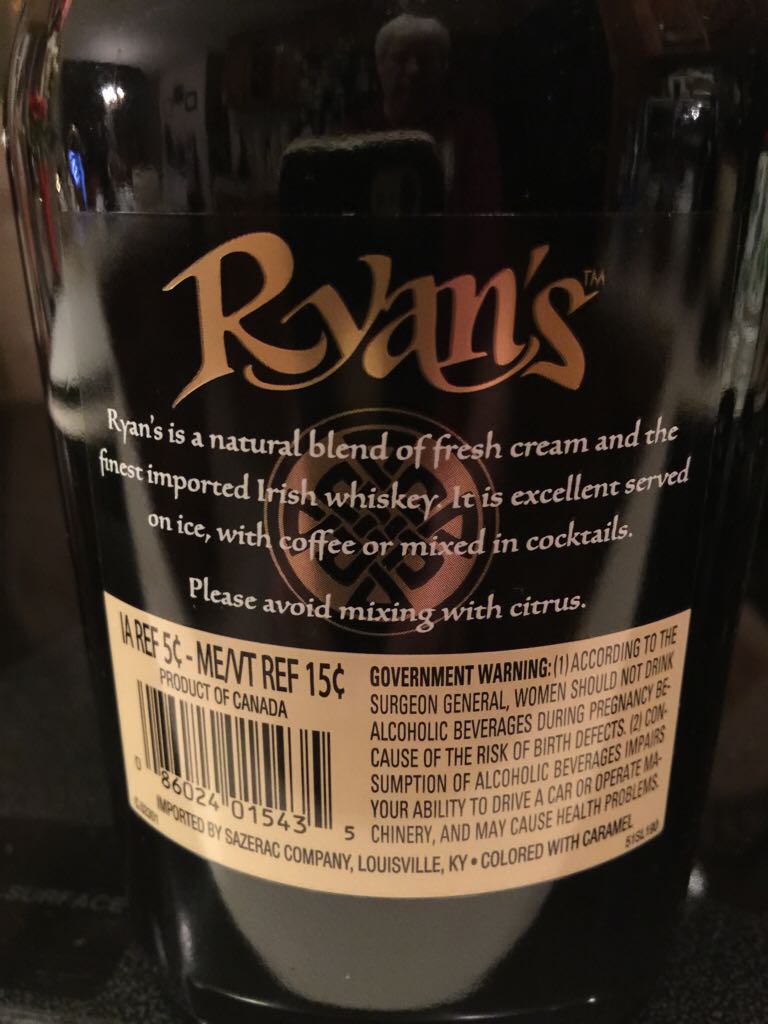 Ryan’s Irish Cream - Sazerac Company (750 mL) alcohol collectible [Barcode 086024015435] - Main Image 2