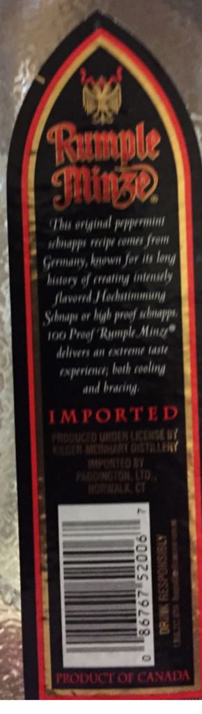 Rumple Minze Peppermint Schnapps - Kieger - Meinhart Distillery (750 mL) alcohol collectible [Barcode 086767520067] - Main Image 2