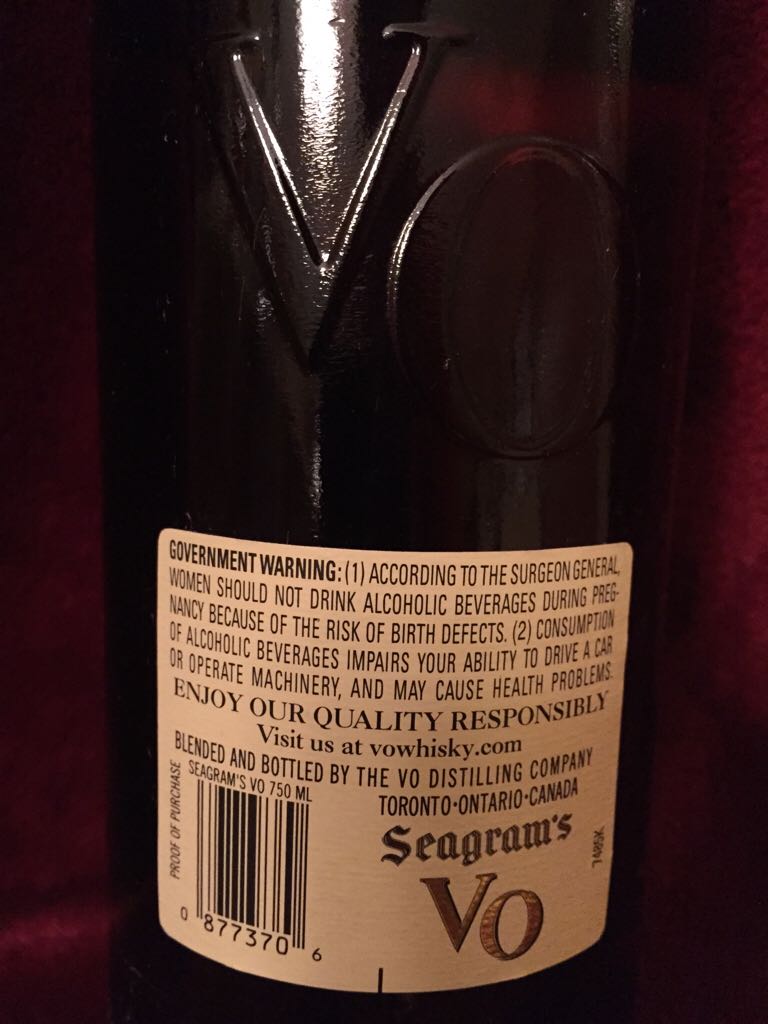 Seagrams VO 750ML - The VO Distilling Co (750 mL) alcohol collectible [Barcode 087000007376] - Main Image 2