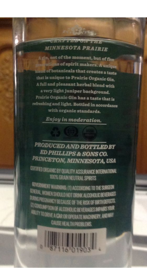 Prairie Crafted Gin - Ed Phillips & Sons, Princeton, MN (750 mL) alcohol collectible [Barcode 087116019034] - Main Image 2