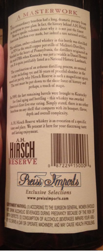 A.H. Hirsch Reserve 16yr - Hirsch Distillers (750 mL) alcohol collectible [Barcode 087229150006] - Main Image 2