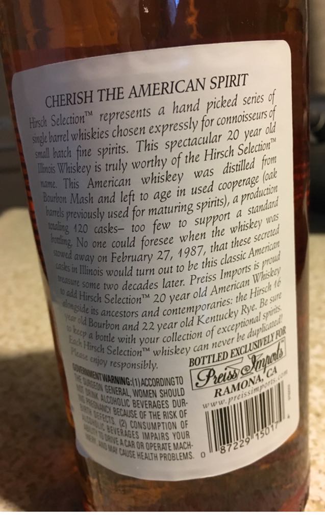 Hirsch Selection Special Reserve American Whiskey Aged 20 Years - Hirsch Distillers (750 mL) alcohol collectible [Barcode 087229150174] - Main Image 2