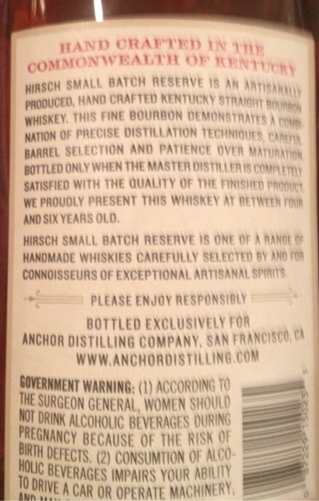 Hirsch Reserve Small Batch - Hirsch Distillers (750 mL) alcohol collectible [Barcode 087229150235] - Main Image 2
