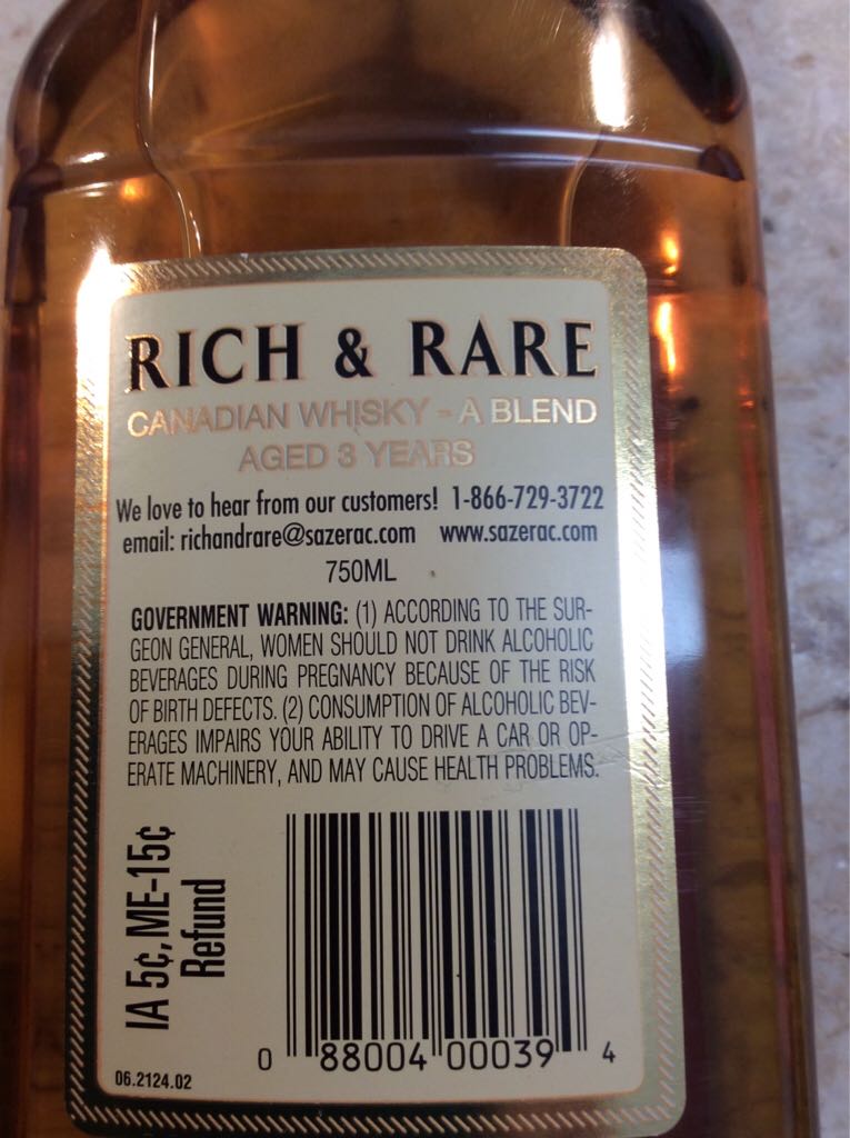Rich & Rare Canadian Whisky - Sazerac Company (750 mL) alcohol collectible [Barcode 088004000394] - Main Image 2