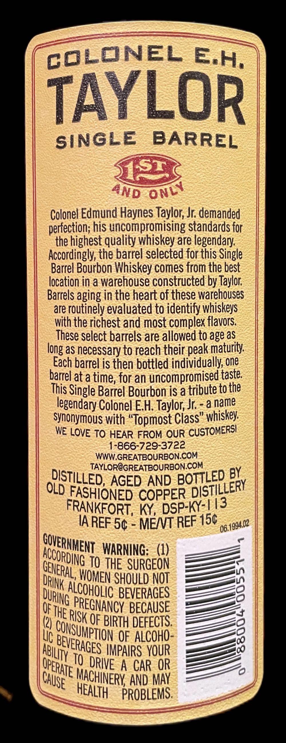 Colonel E.H. Taylor Single Barrel - Old Fashioned Copper Distillery (750mL) alcohol collectible [Barcode 088004005511] - Main Image 4