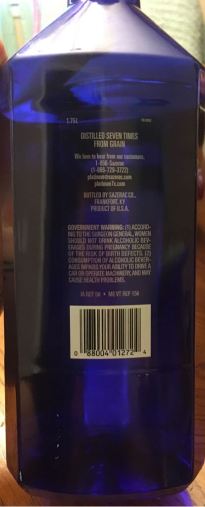 Platinum Vodka - Sazerac Co alcohol collectible [Barcode 088004012724] - Main Image 2