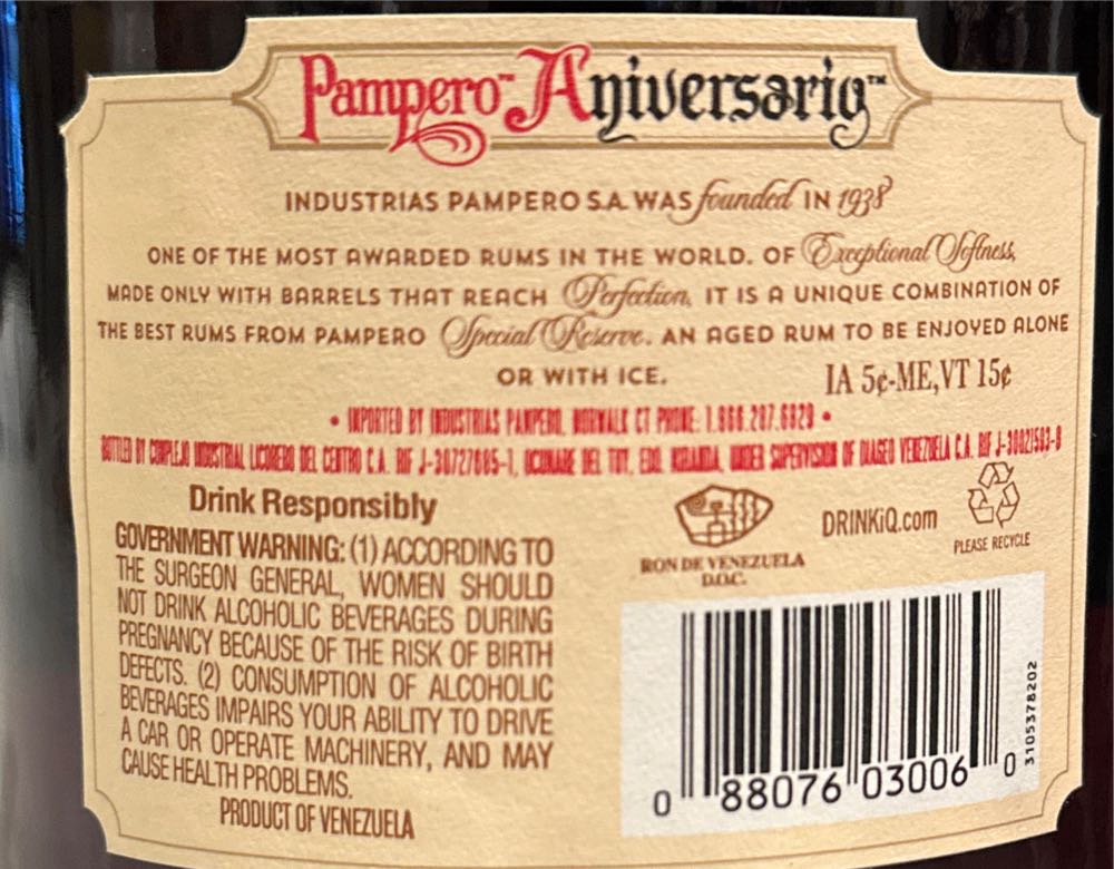 Pampero Aniversario - Complejo Industrial Licorero Del Centro (750 mL) alcohol collectible [Barcode 088076030060] - Main Image 2
