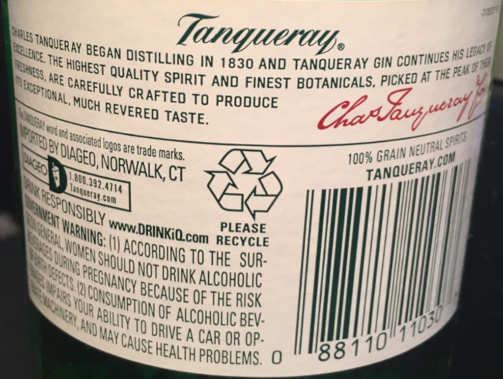Gin - Tanqueray - Charles Tanqueray & Co. (750 mL) alcohol collectible [Barcode 088110110307] - Main Image 2