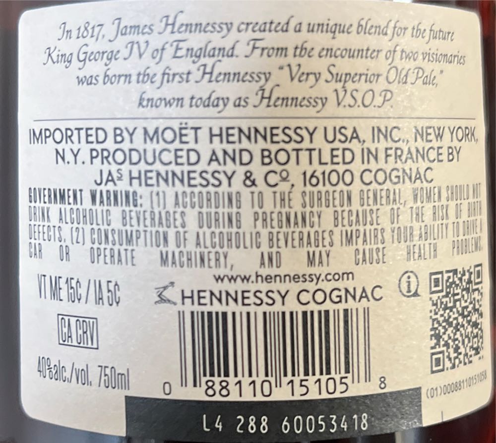 Hennessy V.S.O.P 750ML - JAs Hennessy (750 mL) alcohol collectible [Barcode 088110151058] - Main Image 3