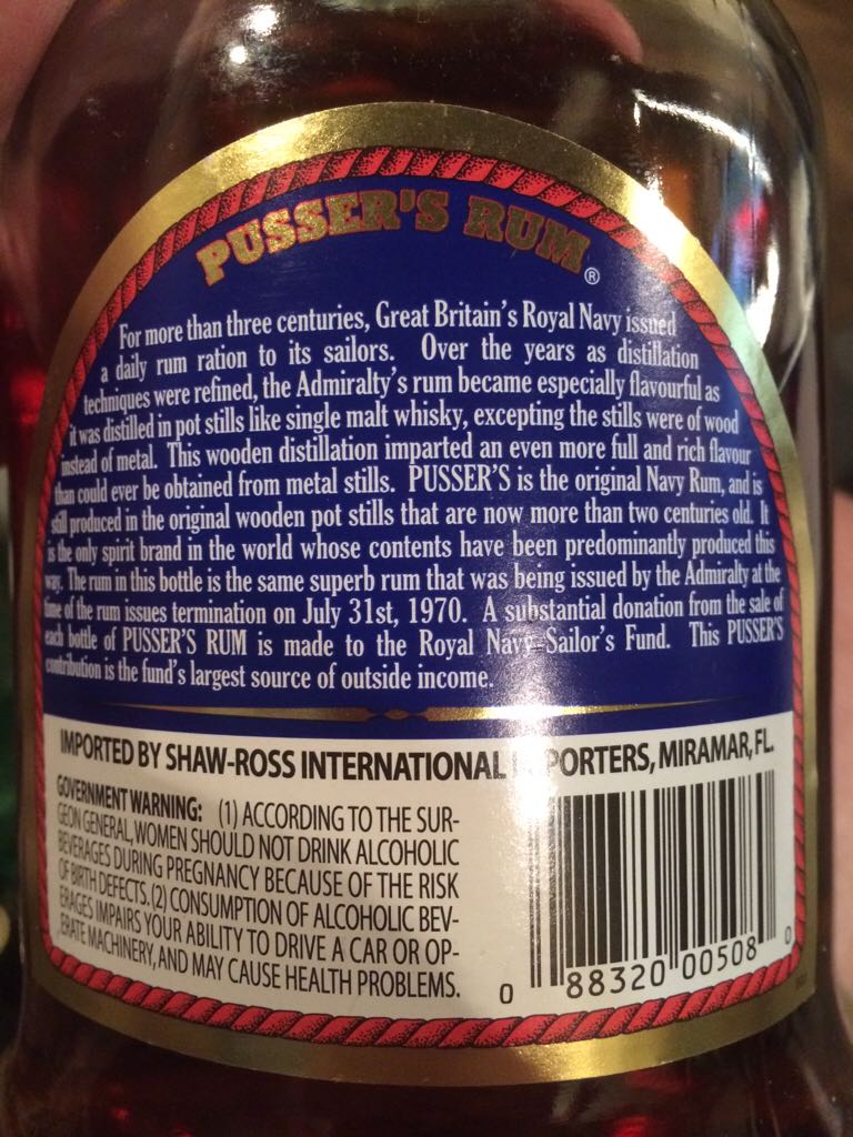 British Navy Pusser‘s Rum - Pusser Ltd. (750 mL) alcohol collectible [Barcode 088320005080] - Main Image 2