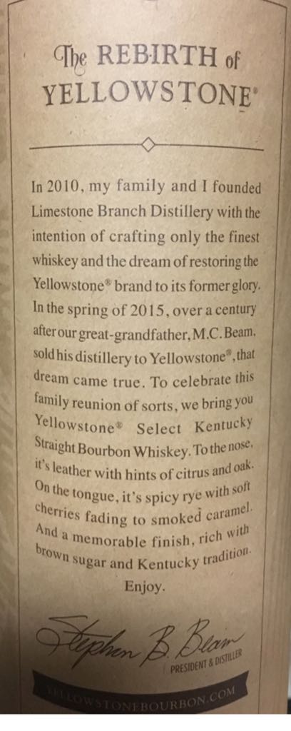Yellowstone Select - Limestone Branch Distillery (750 mL) alcohol collectible [Barcode 088352130798] - Main Image 2