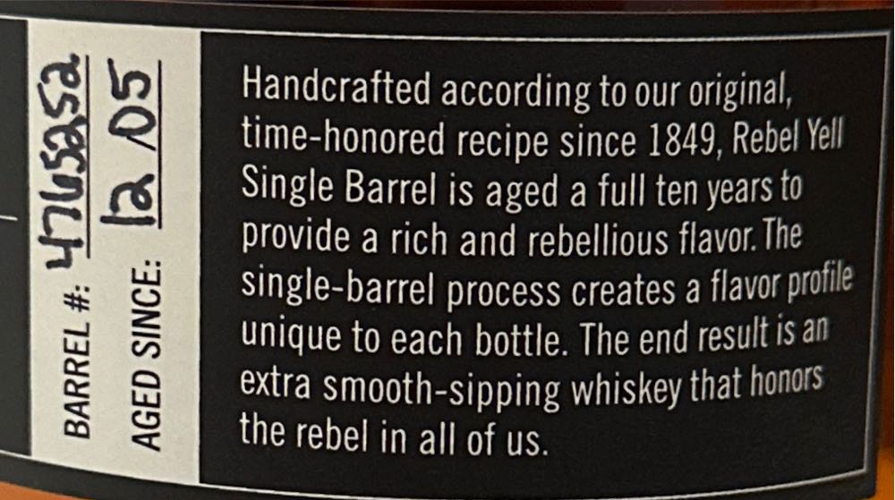 Rebel Yell Single Barrel 10 Year - Lux Row Distllery (750mL) alcohol collectible [Barcode 088352131238] - Main Image 3