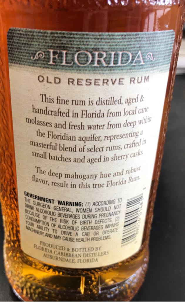 Florida Old Reserve Rum - Florida Caribbean Distillers (750 mL) alcohol collectible [Barcode 089016014812] - Main Image 2