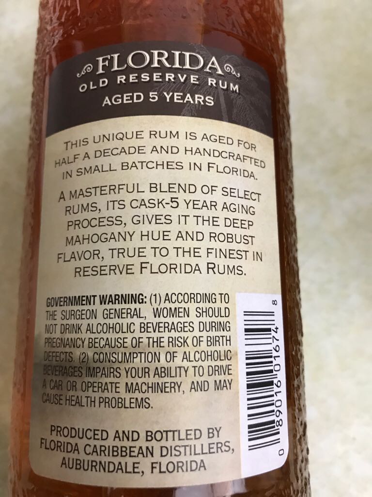 Florida Old Reserve Rum - Florida Caribbean Distillers (750 mL) alcohol collectible [Barcode 089016016748] - Main Image 2