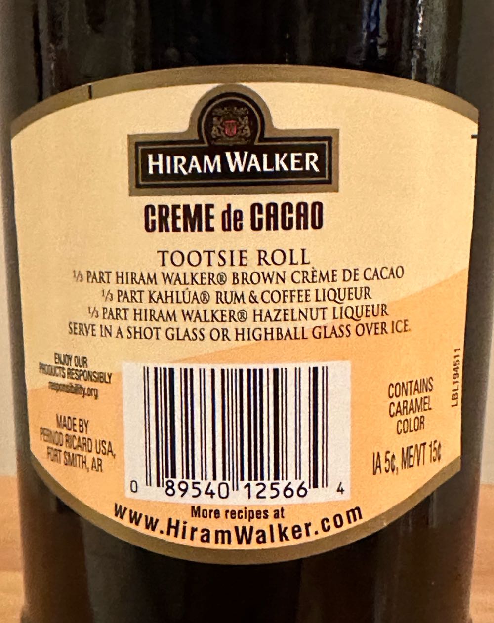 Hiram Walker Creme de Cacao Dark - Pernod Ricard USA, Fort Smith, AR (750 mL) alcohol collectible [Barcode 089540125664] - Main Image 2