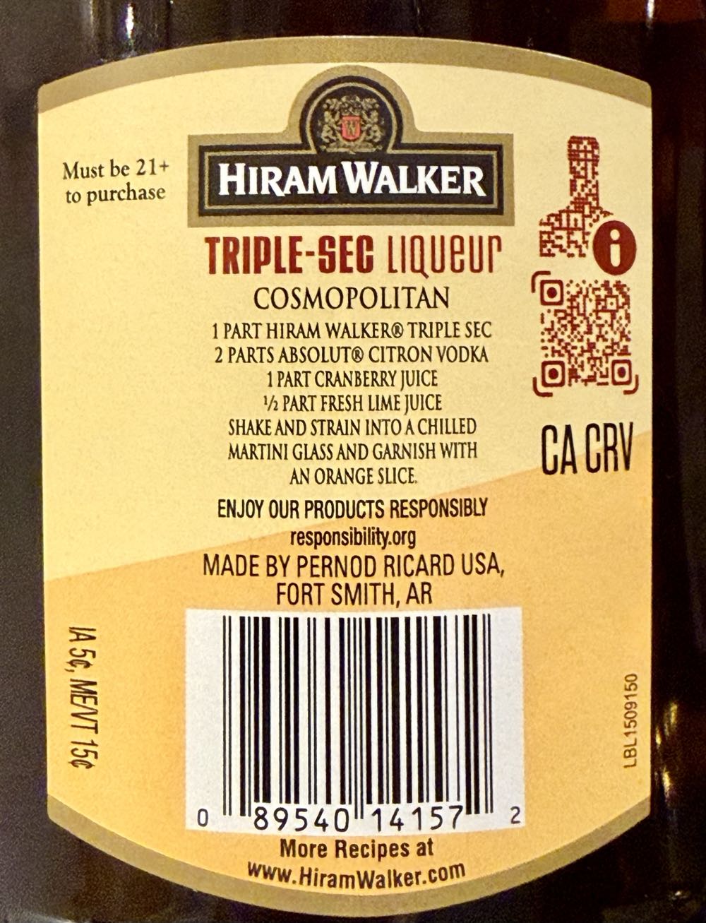 Hiram Walker Triple-Sec Liqueur - Pernod Ricard USA, Fort Smith, AR (1.75 L) alcohol collectible [Barcode 089540141572] - Main Image 2