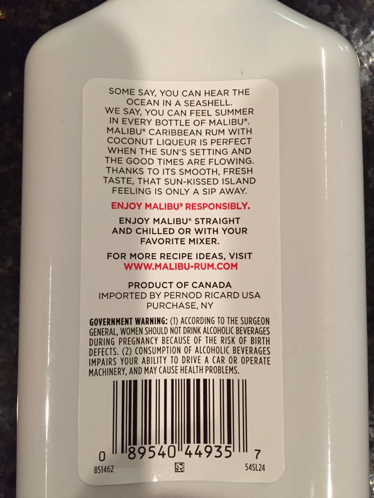 Malibu Caribbean Rum With Coconut Liqueur  - Pernod Ricard USA (750 mL) alcohol collectible [Barcode 089540449357] - Main Image 2