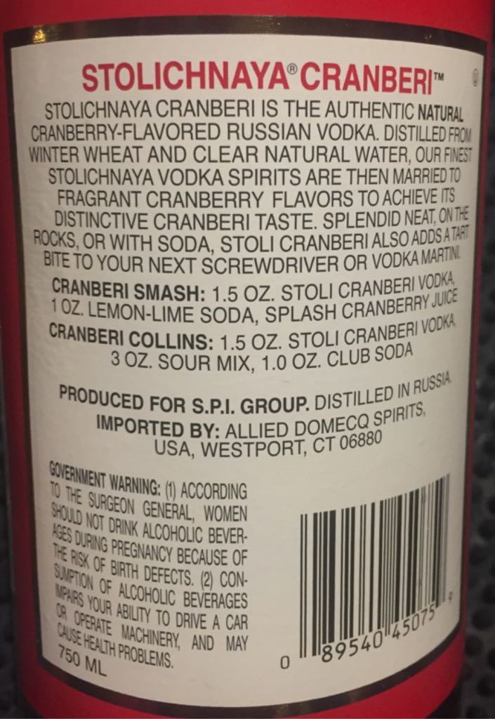 Stoli Cranberi  - S. P. I. Group (750 mL) alcohol collectible [Barcode 089540450759] - Main Image 2