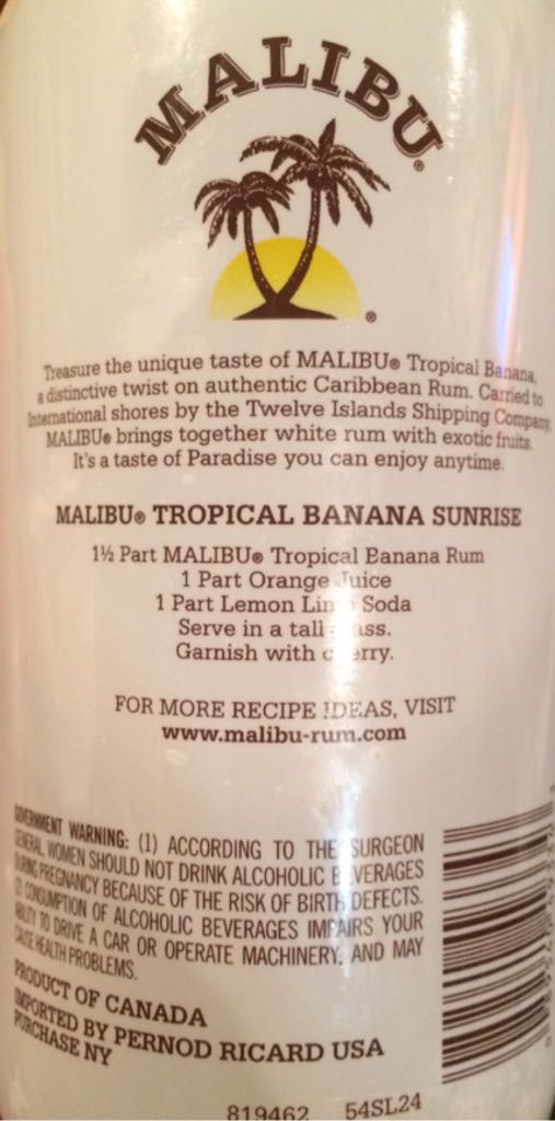 Rum: Malibu Carribbean Rum Banana Liqueur - Malibu (750 mL) alcohol collectible [Barcode 089540493343] - Main Image 2