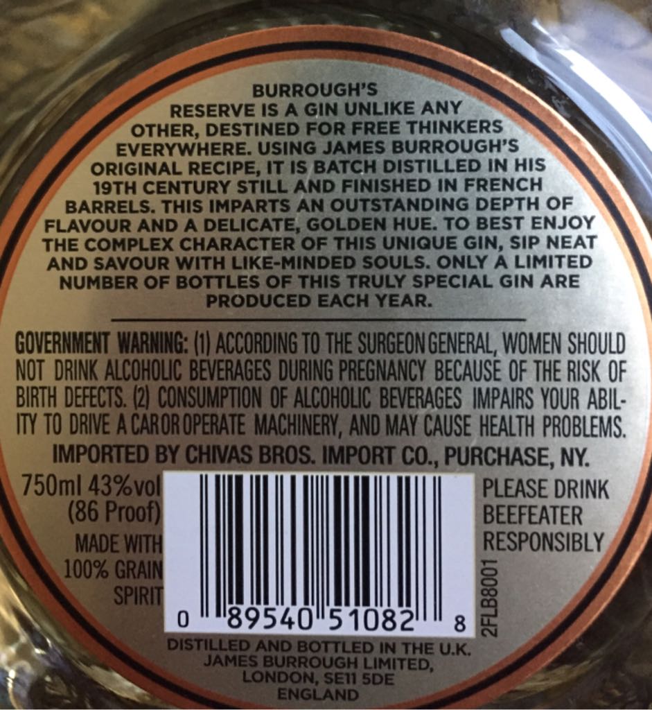Burrough’s Reserve  - Beefeater Distillery (750 mL) alcohol collectible [Barcode 089540510828] - Main Image 2